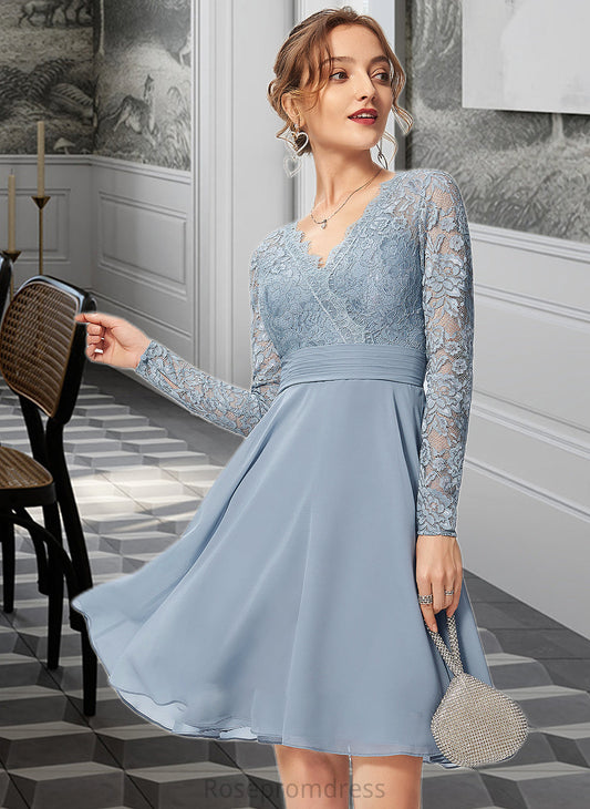 Haylie A-line V-Neck Knee-Length Chiffon Lace Bridesmaid Dress SRSP0013042