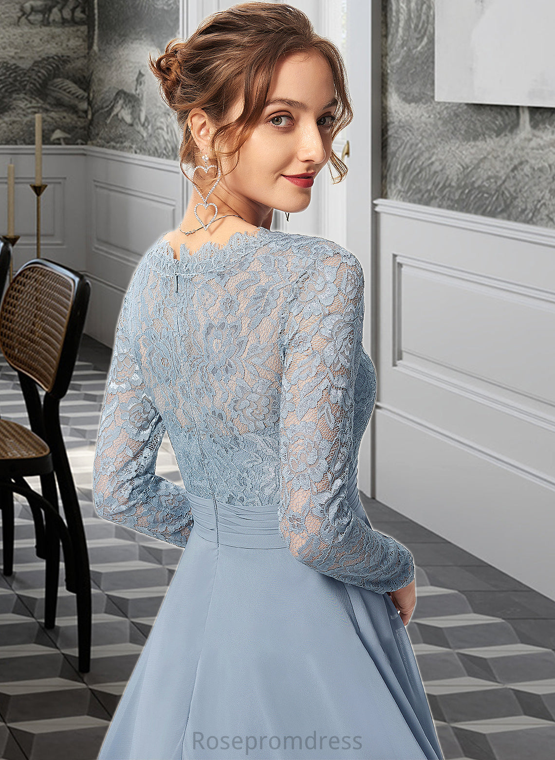 Haylie A-line V-Neck Knee-Length Chiffon Lace Bridesmaid Dress SRSP0013042