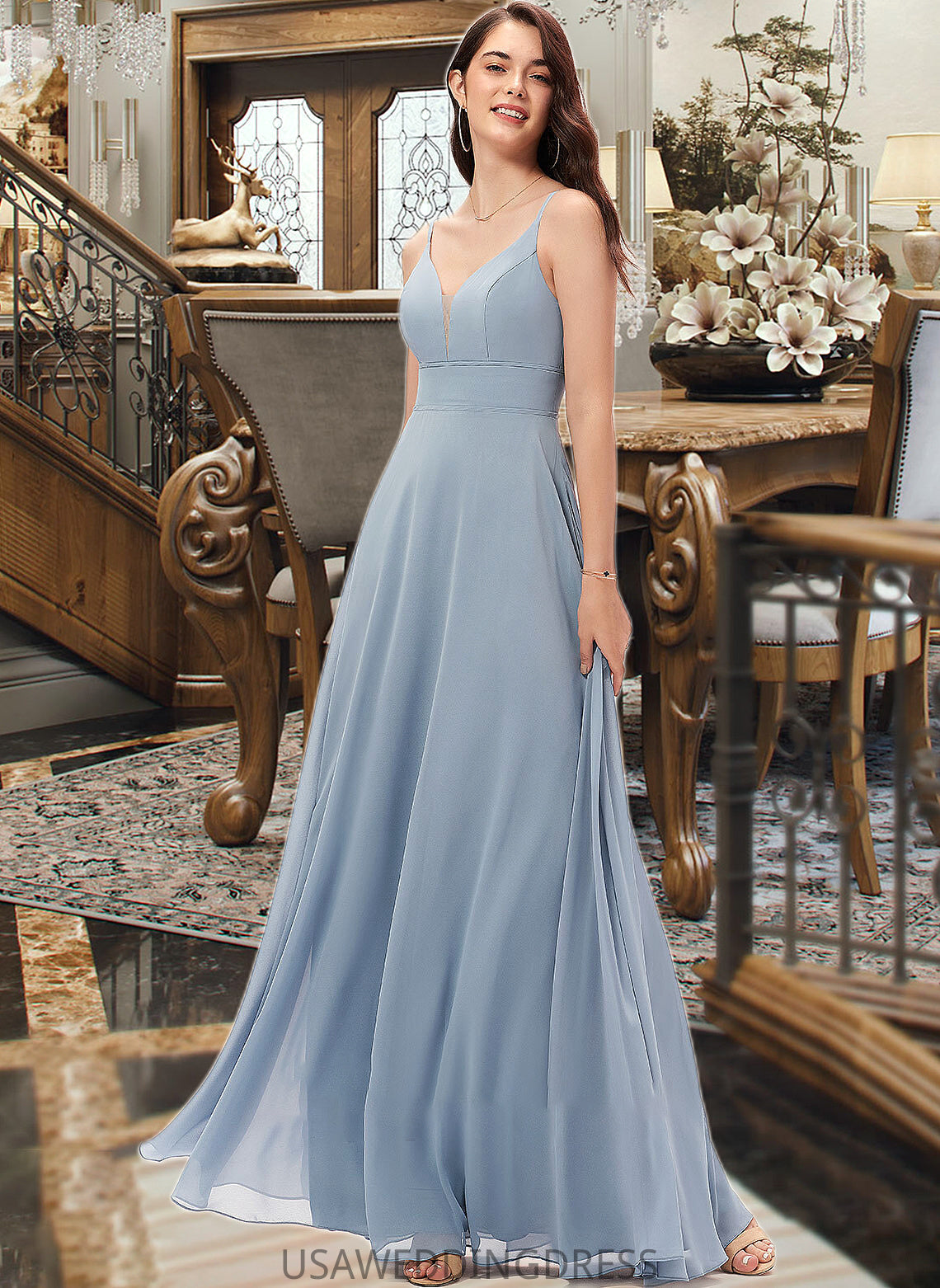 Janiah A-line V-Neck Floor-Length Chiffon Bridesmaid Dress DSP0013043