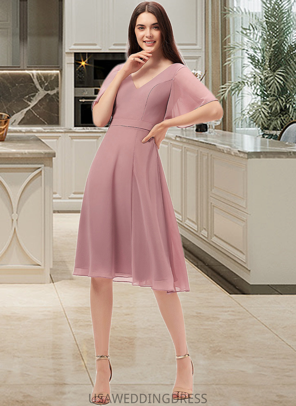 Audrina A-Line V-neck Knee-Length Chiffon Bridesmaid Dress With Split Front DSP0013044