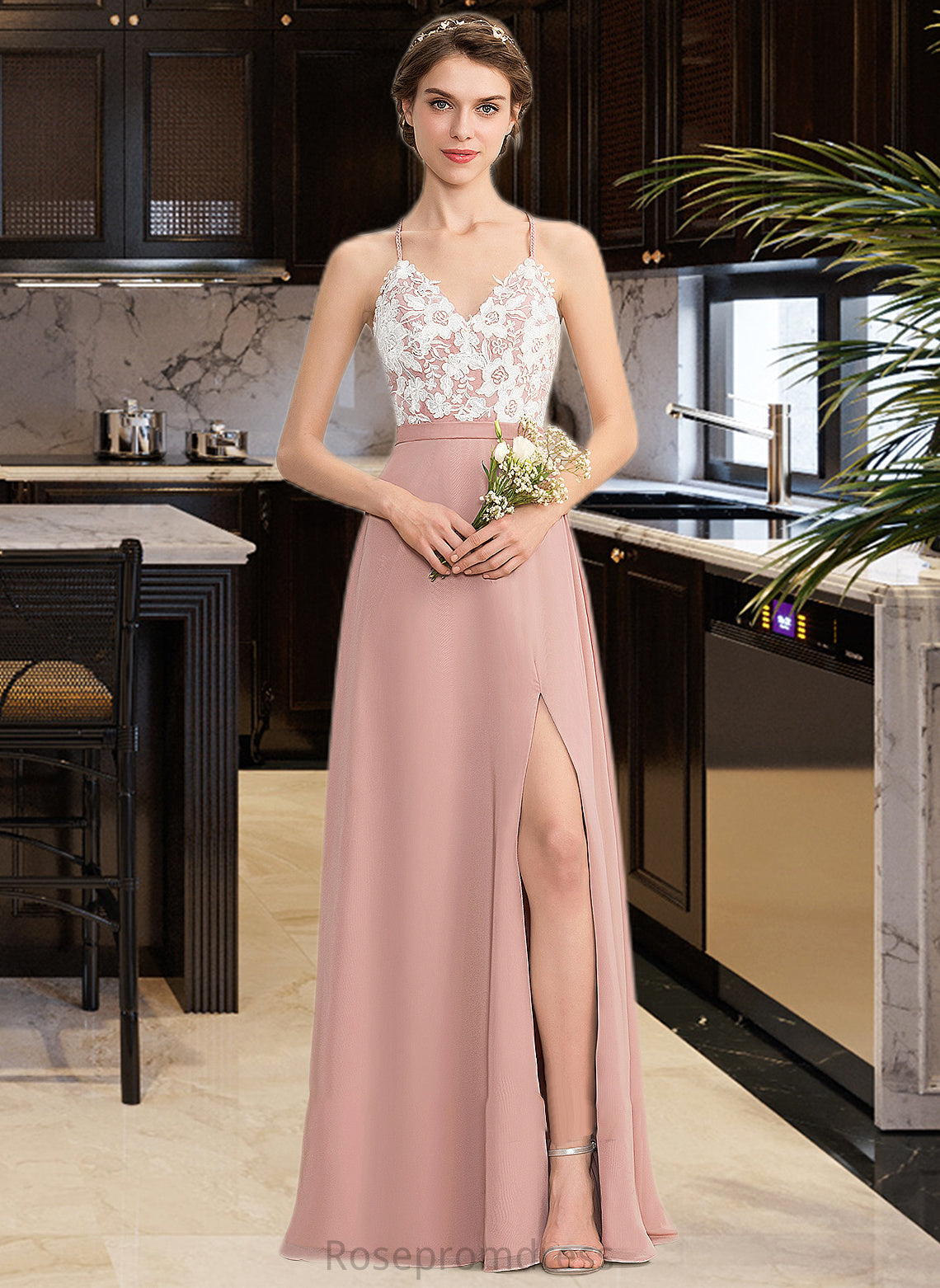 Sylvia A-Line V-neck Floor-Length Chiffon Lace Bridesmaid Dress With Split Front SRSP0013045