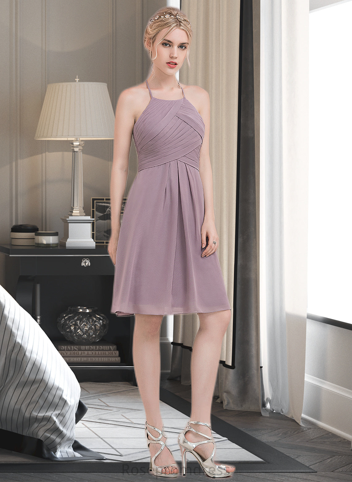 Avah A-Line Scoop Neck Knee-Length Chiffon Bridesmaid Dress With Ruffle SRSP0013046