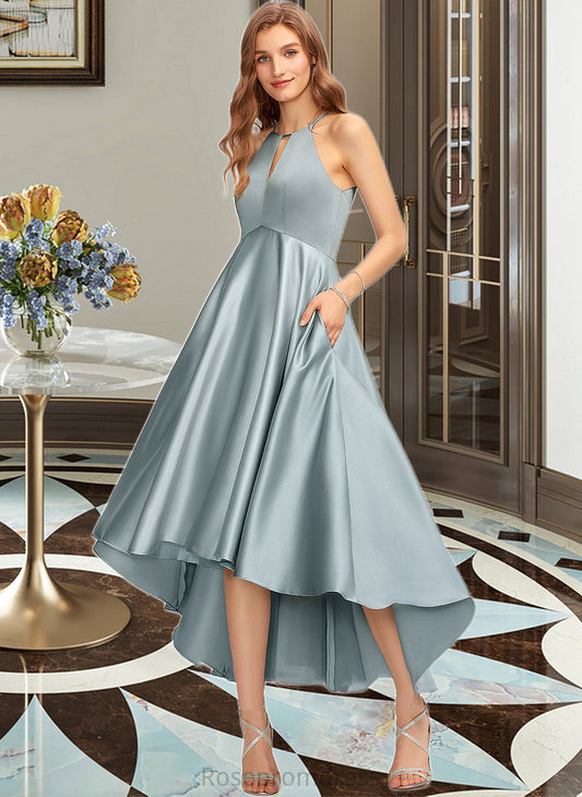 Dalia A-Line Scoop Neck Asymmetrical Satin Bridesmaid Dress With Pockets SRSP0013050