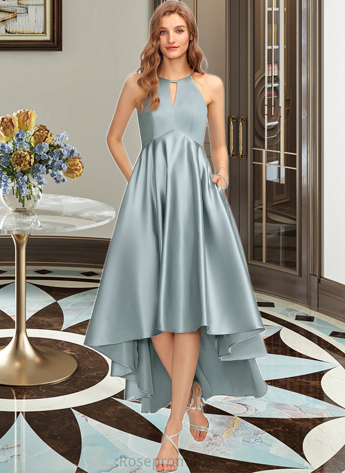 Dalia A-Line Scoop Neck Asymmetrical Satin Bridesmaid Dress With Pockets SRSP0013050