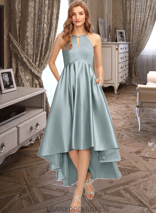 Leia A-Line Scoop Neck Asymmetrical Satin Bridesmaid Dress With Pockets DSP0013050