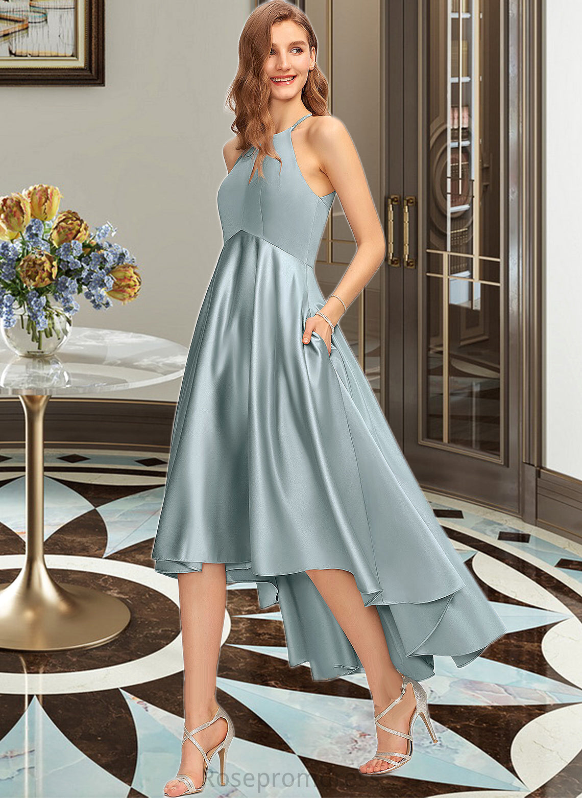 Dalia A-Line Scoop Neck Asymmetrical Satin Bridesmaid Dress With Pockets SRSP0013050