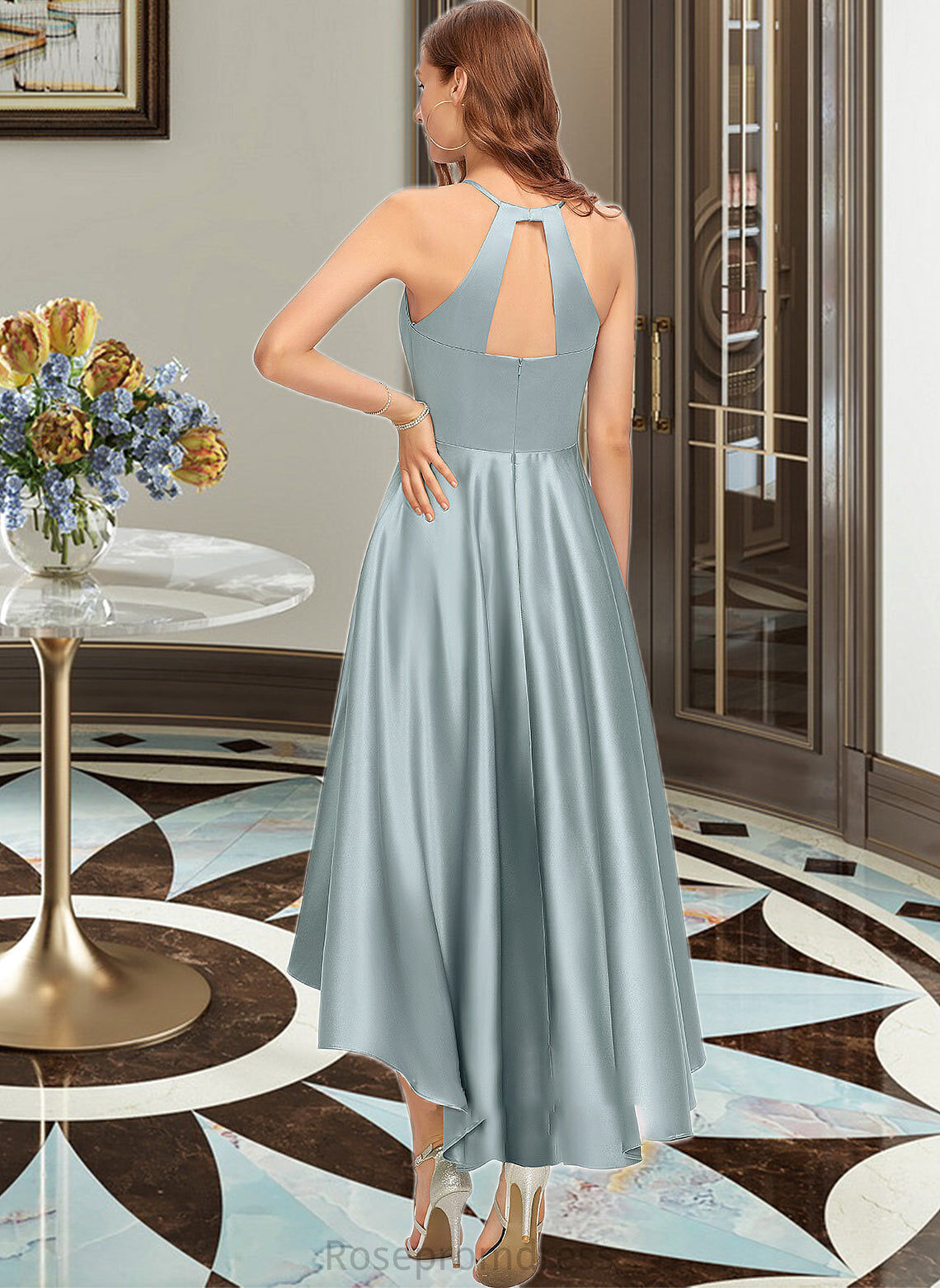 Dalia A-Line Scoop Neck Asymmetrical Satin Bridesmaid Dress With Pockets SRSP0013050