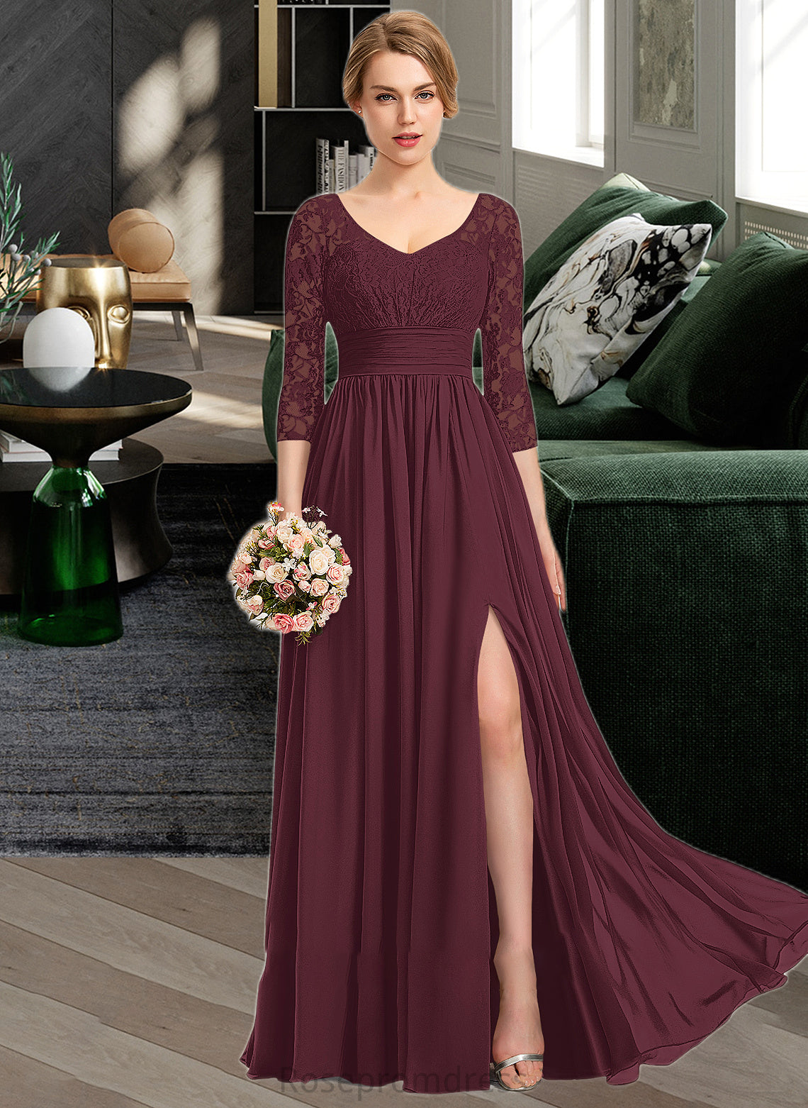 Kinley A-Line V-neck Floor-Length Chiffon Lace Bridesmaid Dress With Ruffle Split Front SRSP0013051