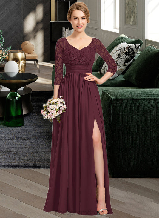 Kinley A-Line V-neck Floor-Length Chiffon Lace Bridesmaid Dress With Ruffle Split Front SRSP0013051