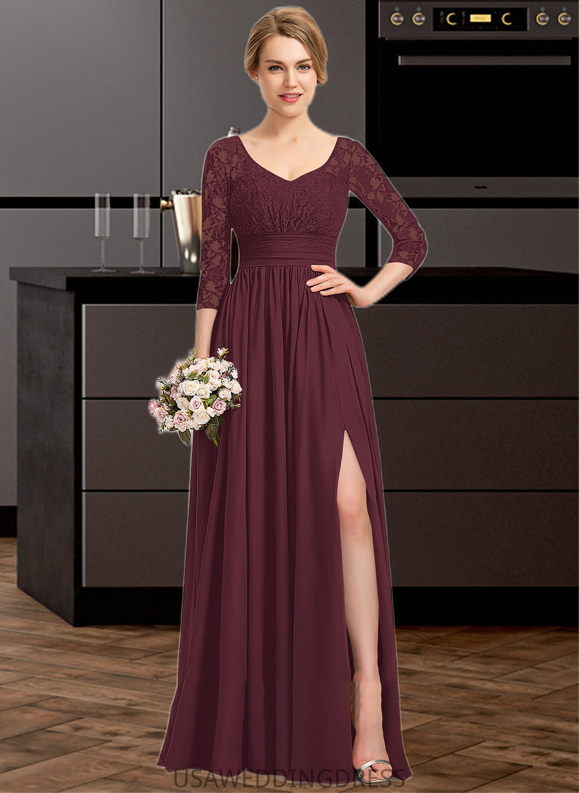 Mariela A-Line V-neck Floor-Length Chiffon Lace Bridesmaid Dress With Ruffle Split Front DSP0013051