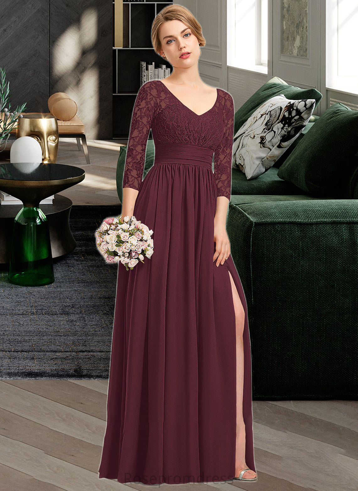 Kinley A-Line V-neck Floor-Length Chiffon Lace Bridesmaid Dress With Ruffle Split Front SRSP0013051