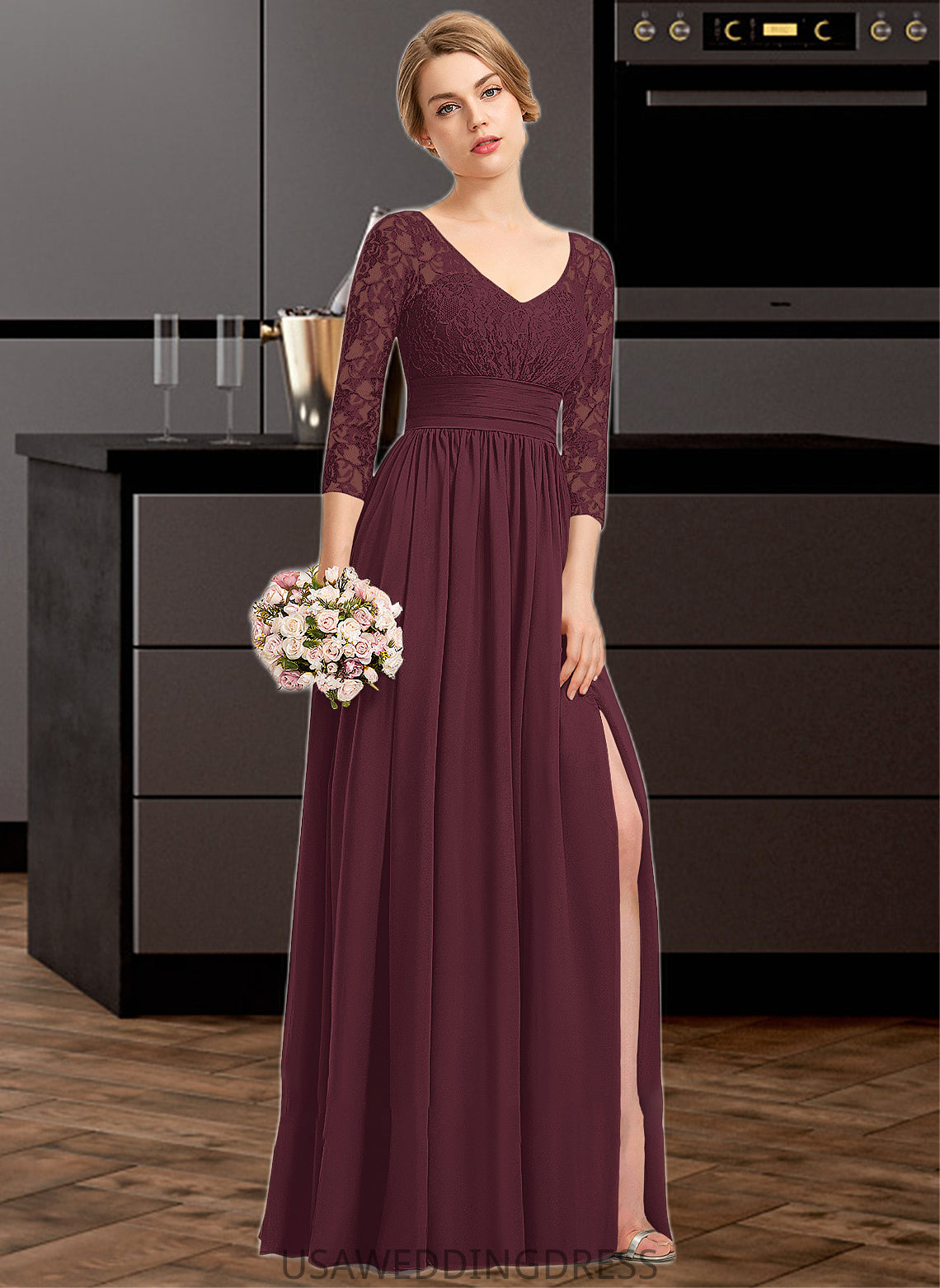 Mariela A-Line V-neck Floor-Length Chiffon Lace Bridesmaid Dress With Ruffle Split Front DSP0013051