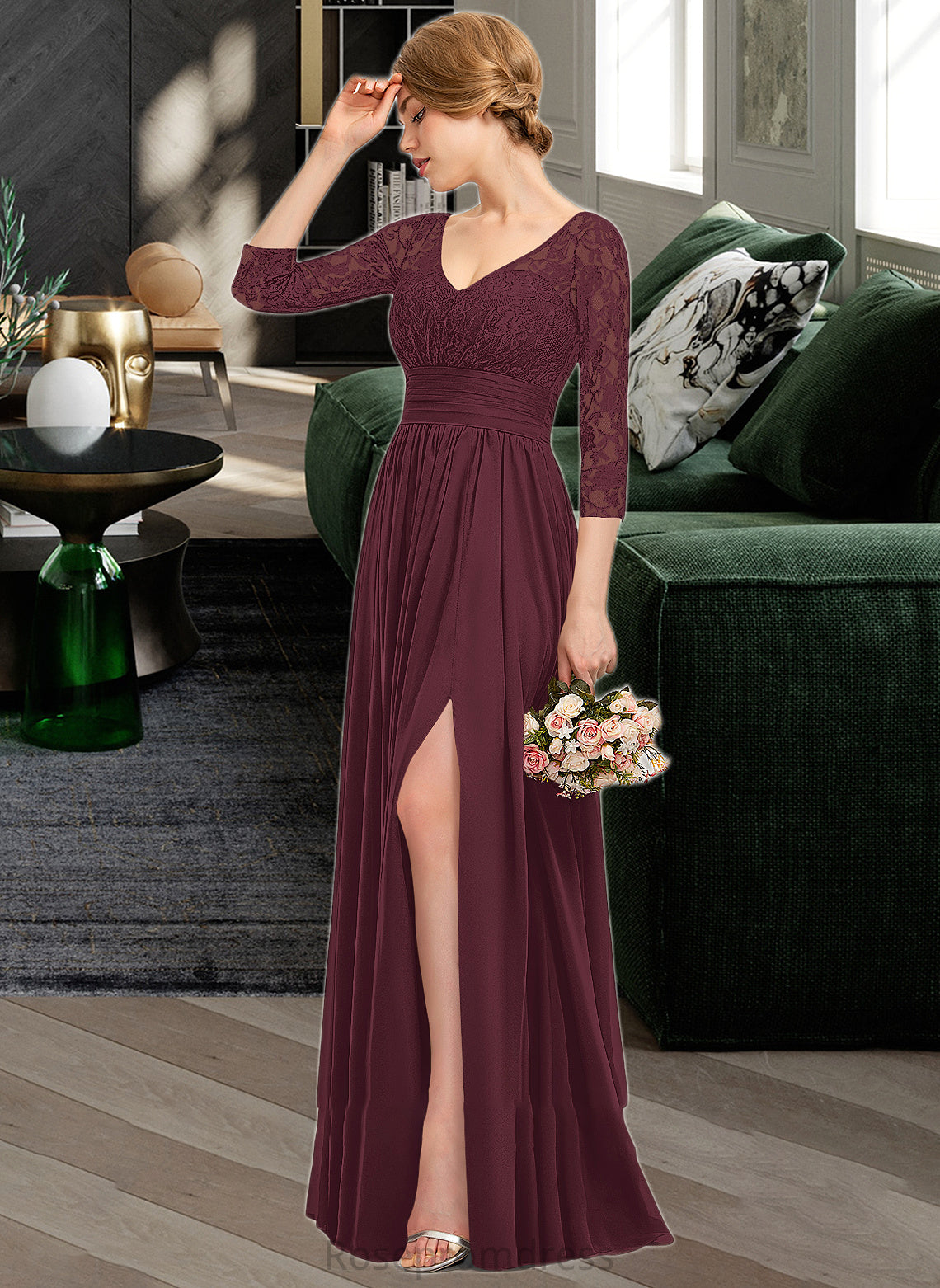 Kinley A-Line V-neck Floor-Length Chiffon Lace Bridesmaid Dress With Ruffle Split Front SRSP0013051