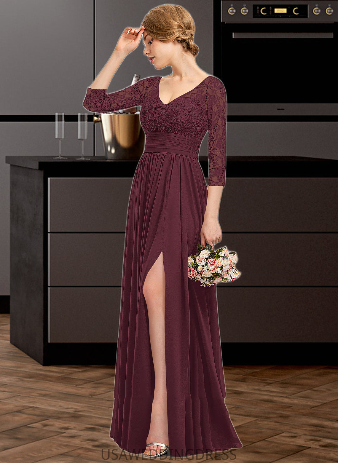 Mariela A-Line V-neck Floor-Length Chiffon Lace Bridesmaid Dress With Ruffle Split Front DSP0013051