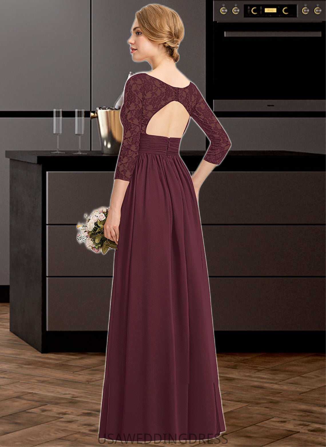 Mariela A-Line V-neck Floor-Length Chiffon Lace Bridesmaid Dress With Ruffle Split Front DSP0013051