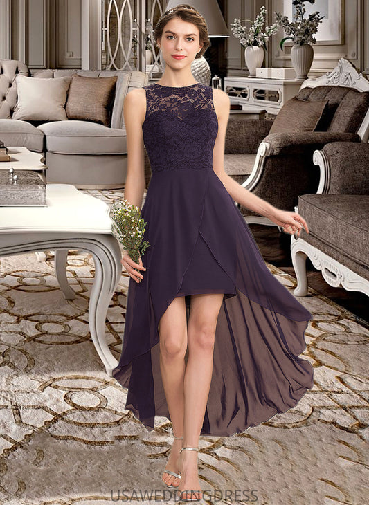 Evie A-Line Scoop Neck Asymmetrical Chiffon Lace Bridesmaid Dress DSP0013052
