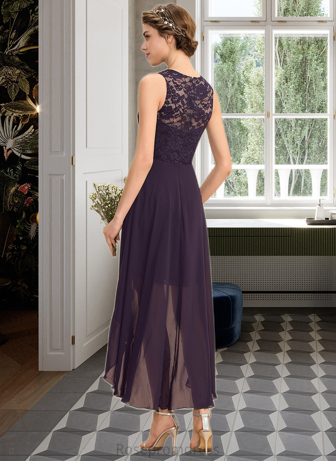 Saniya A-Line Scoop Neck Asymmetrical Chiffon Lace Bridesmaid Dress SRSP0013052