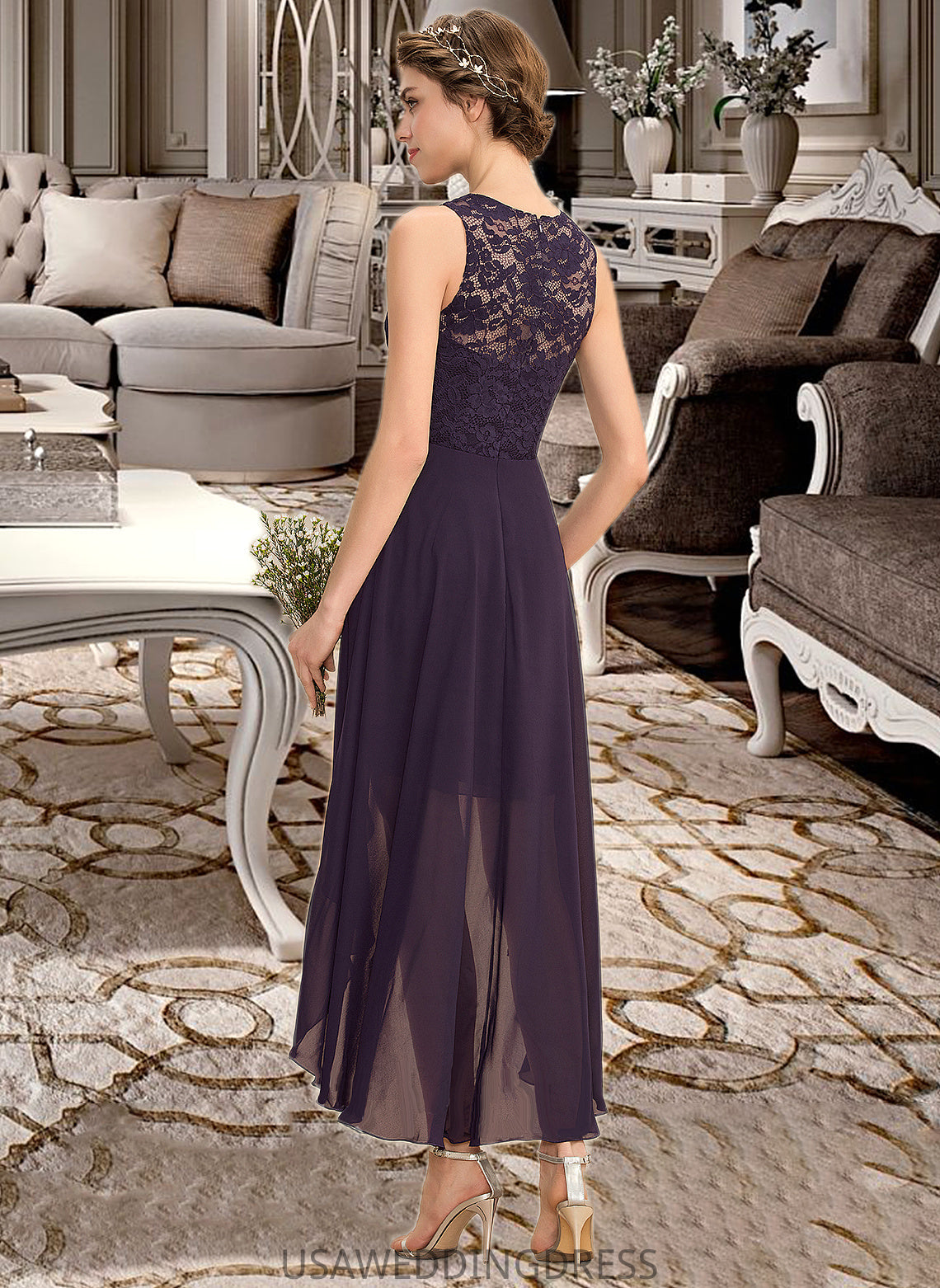 Evie A-Line Scoop Neck Asymmetrical Chiffon Lace Bridesmaid Dress DSP0013052