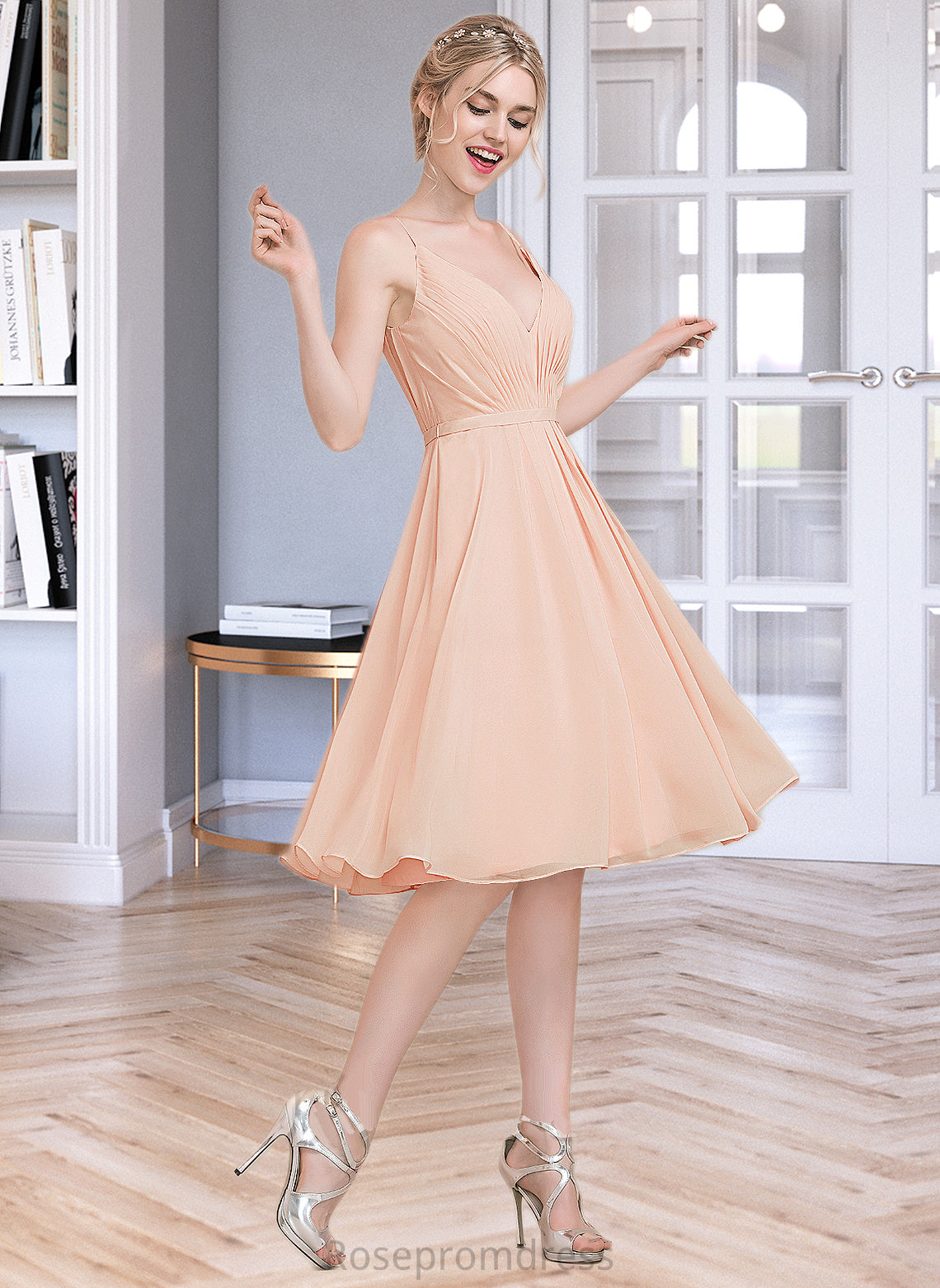 Hedda A-line V-Neck Knee-Length Chiffon Bridesmaid Dress With Ruffle SRSP0013053