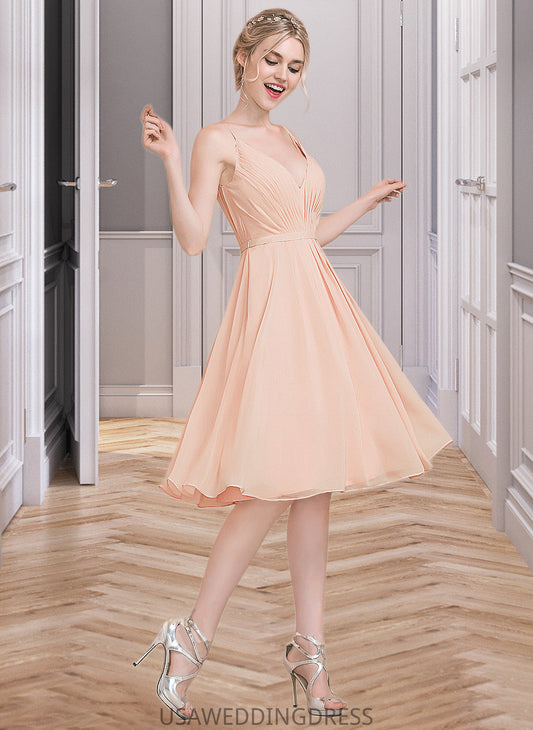 Katelyn A-line V-Neck Knee-Length Chiffon Bridesmaid Dress With Ruffle DSP0013053