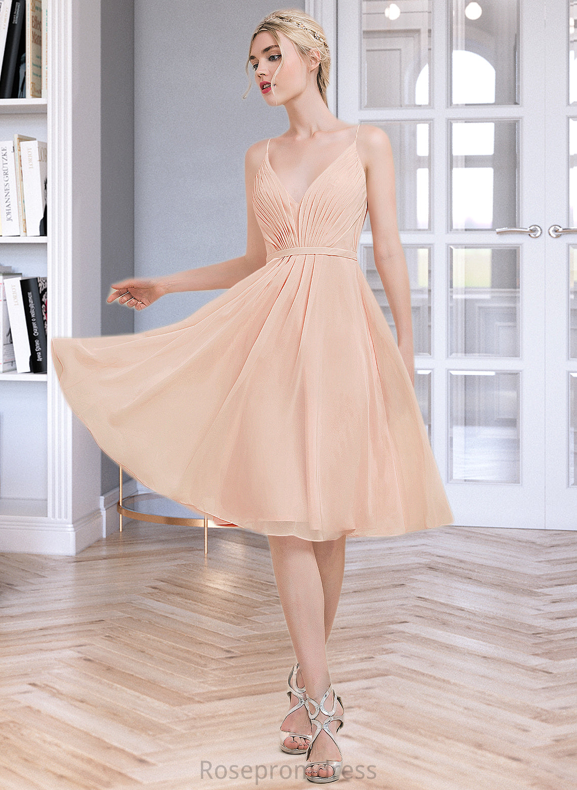 Hedda A-line V-Neck Knee-Length Chiffon Bridesmaid Dress With Ruffle SRSP0013053