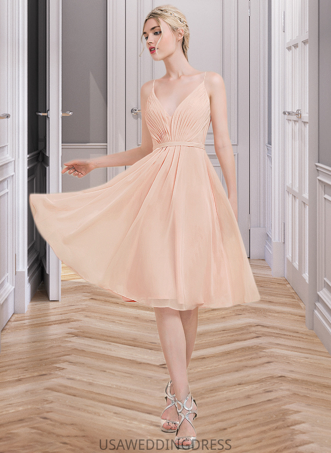 Katelyn A-line V-Neck Knee-Length Chiffon Bridesmaid Dress With Ruffle DSP0013053