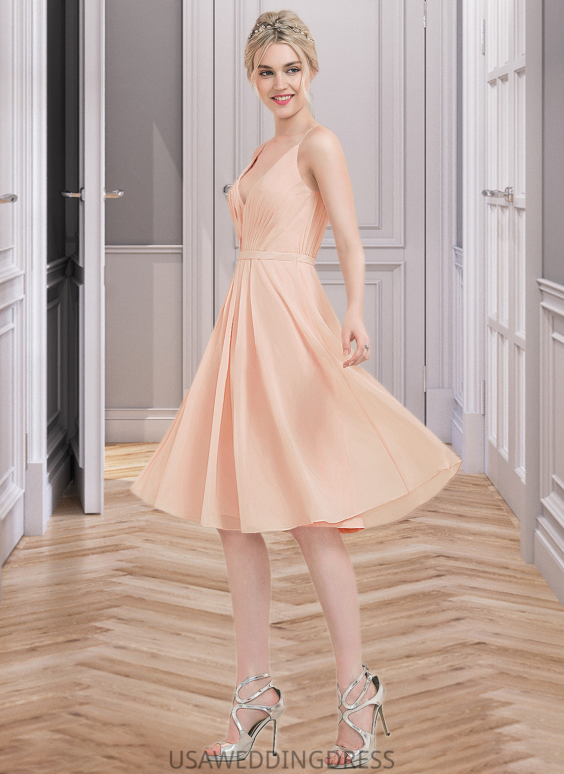 Katelyn A-line V-Neck Knee-Length Chiffon Bridesmaid Dress With Ruffle DSP0013053