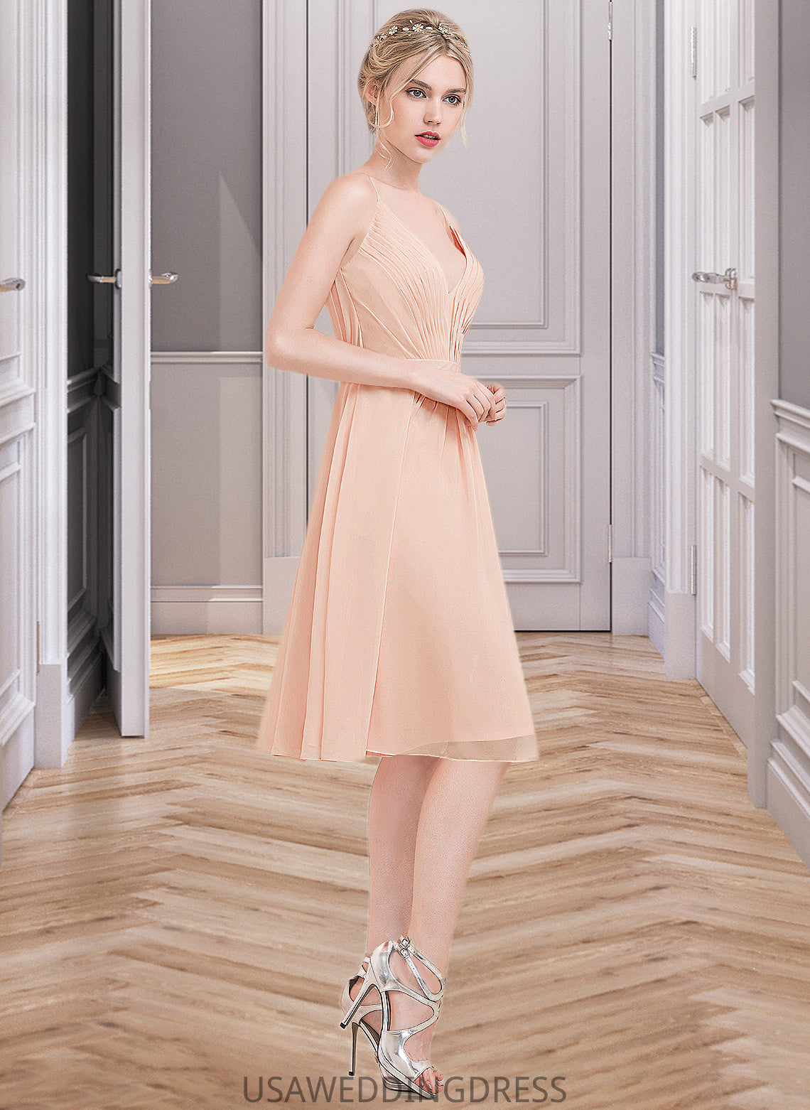 Katelyn A-line V-Neck Knee-Length Chiffon Bridesmaid Dress With Ruffle DSP0013053