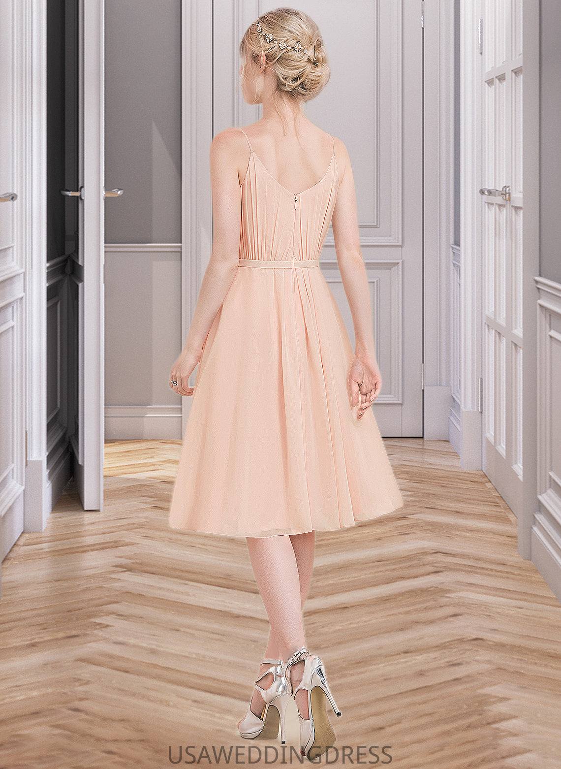 Katelyn A-line V-Neck Knee-Length Chiffon Bridesmaid Dress With Ruffle DSP0013053