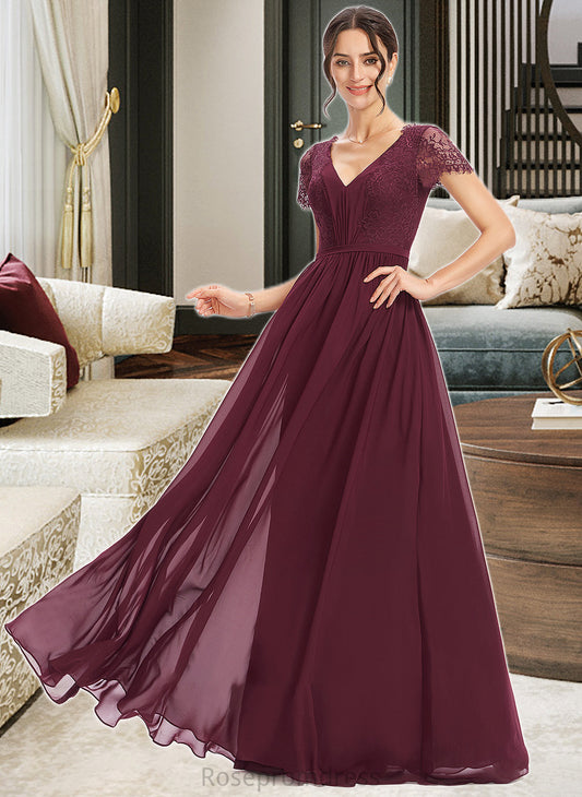 Taryn A-Line V-neck Floor-Length Bridesmaid Dress With Lace SRSP0013056