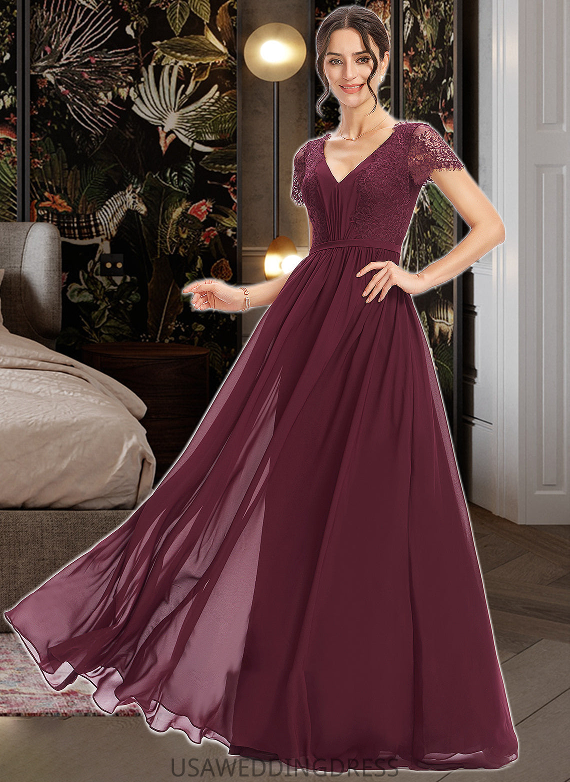 Kaylen A-Line V-neck Floor-Length Bridesmaid Dress With Lace DSP0013056