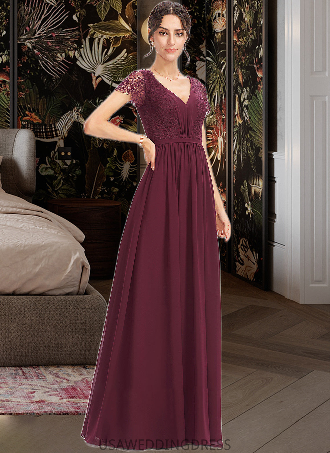 Kaylen A-Line V-neck Floor-Length Bridesmaid Dress With Lace DSP0013056