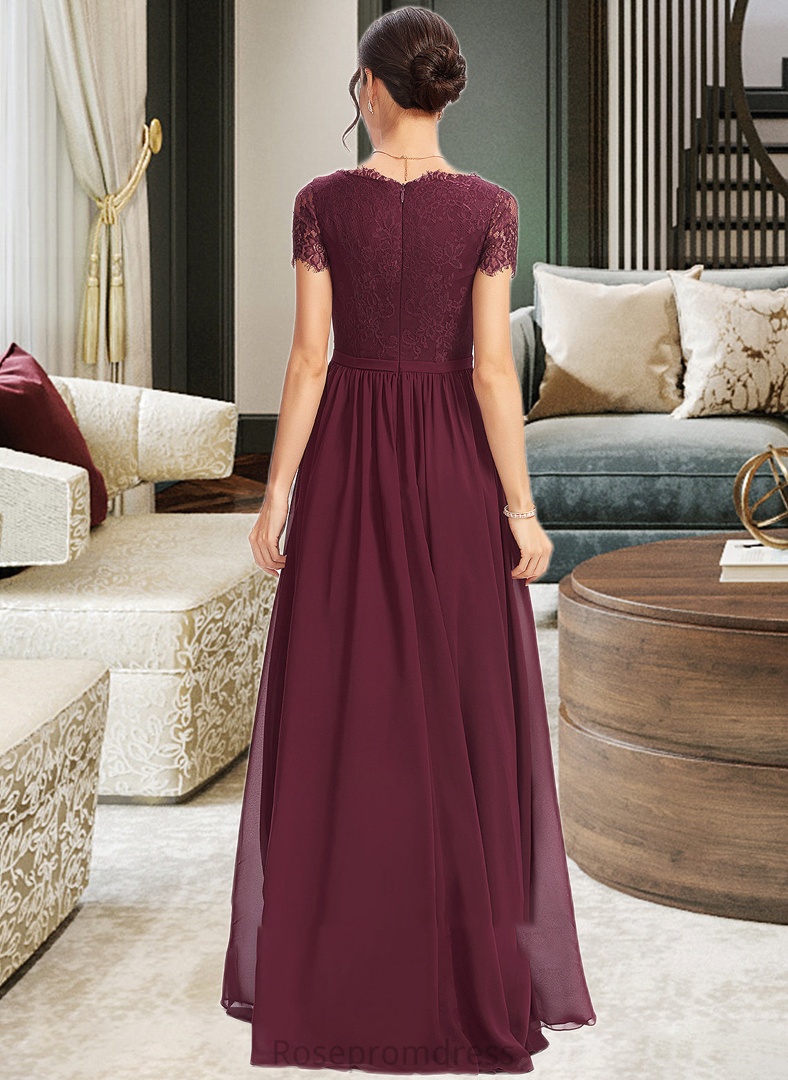 Taryn A-Line V-neck Floor-Length Bridesmaid Dress With Lace SRSP0013056