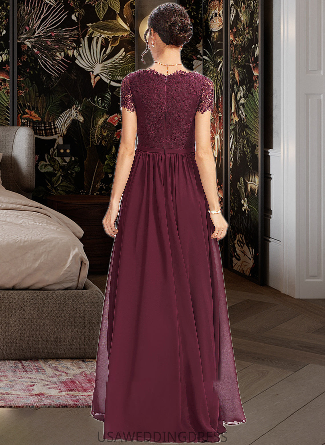 Kaylen A-Line V-neck Floor-Length Bridesmaid Dress With Lace DSP0013056