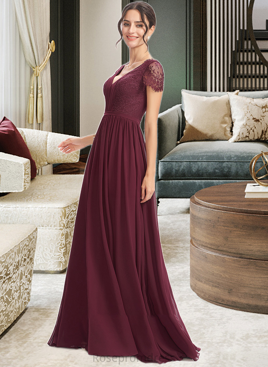Taryn A-Line V-neck Floor-Length Bridesmaid Dress With Lace SRSP0013056