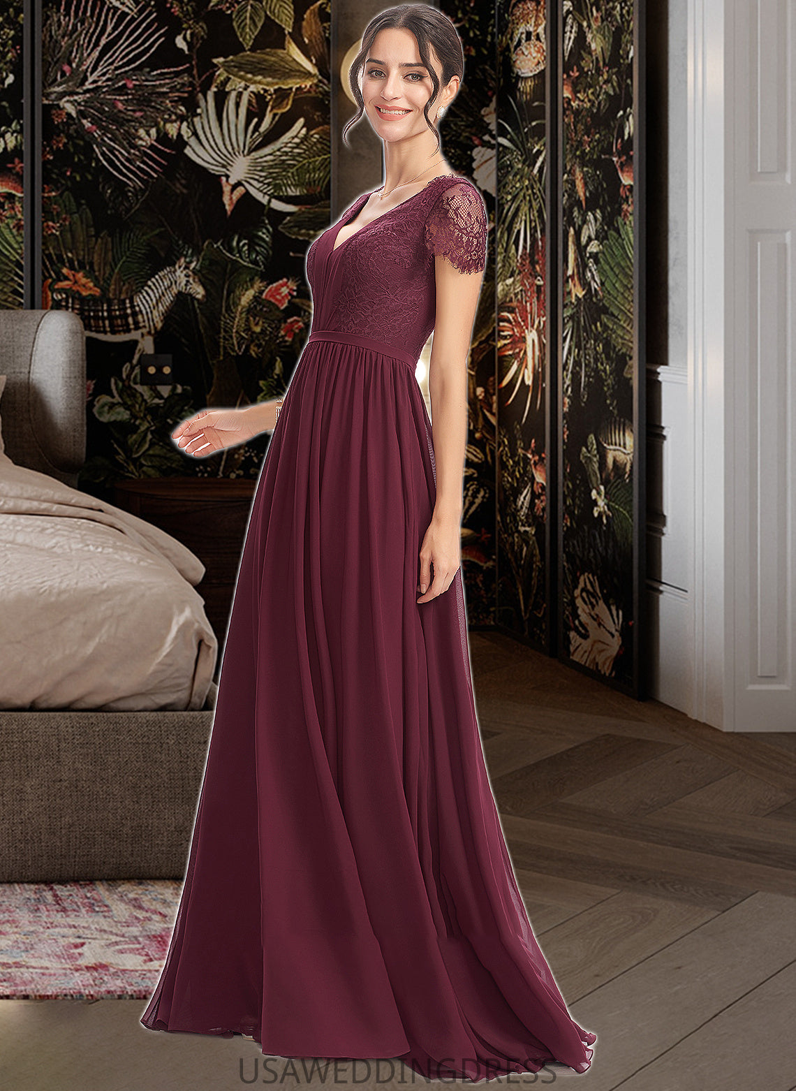 Kaylen A-Line V-neck Floor-Length Bridesmaid Dress With Lace DSP0013056