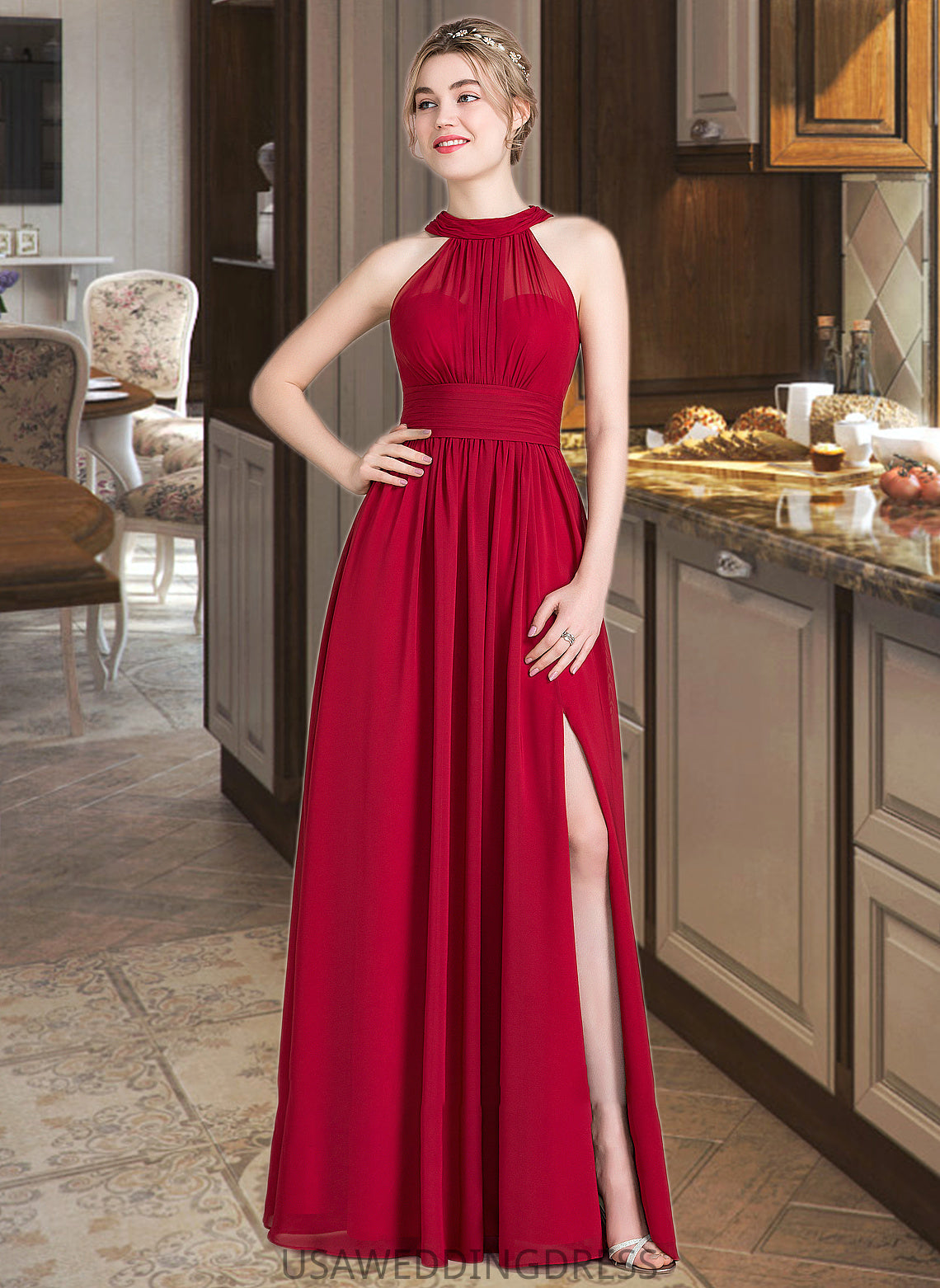 Miriam A-Line Scoop Neck Floor-Length Chiffon Bridesmaid Dress With Ruffle Bow(s) Split Front DSP0013058