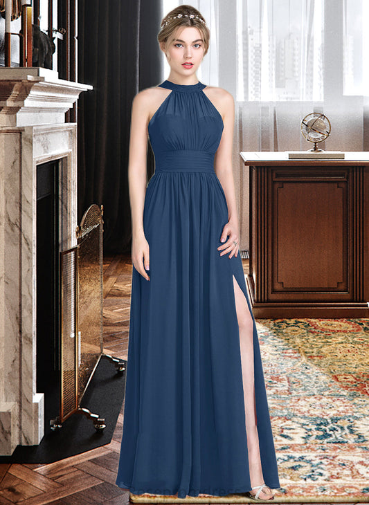 Macey A-Line Scoop Neck Floor-Length Chiffon Bridesmaid Dress With Ruffle Bow(s) Split Front SRSP0013058