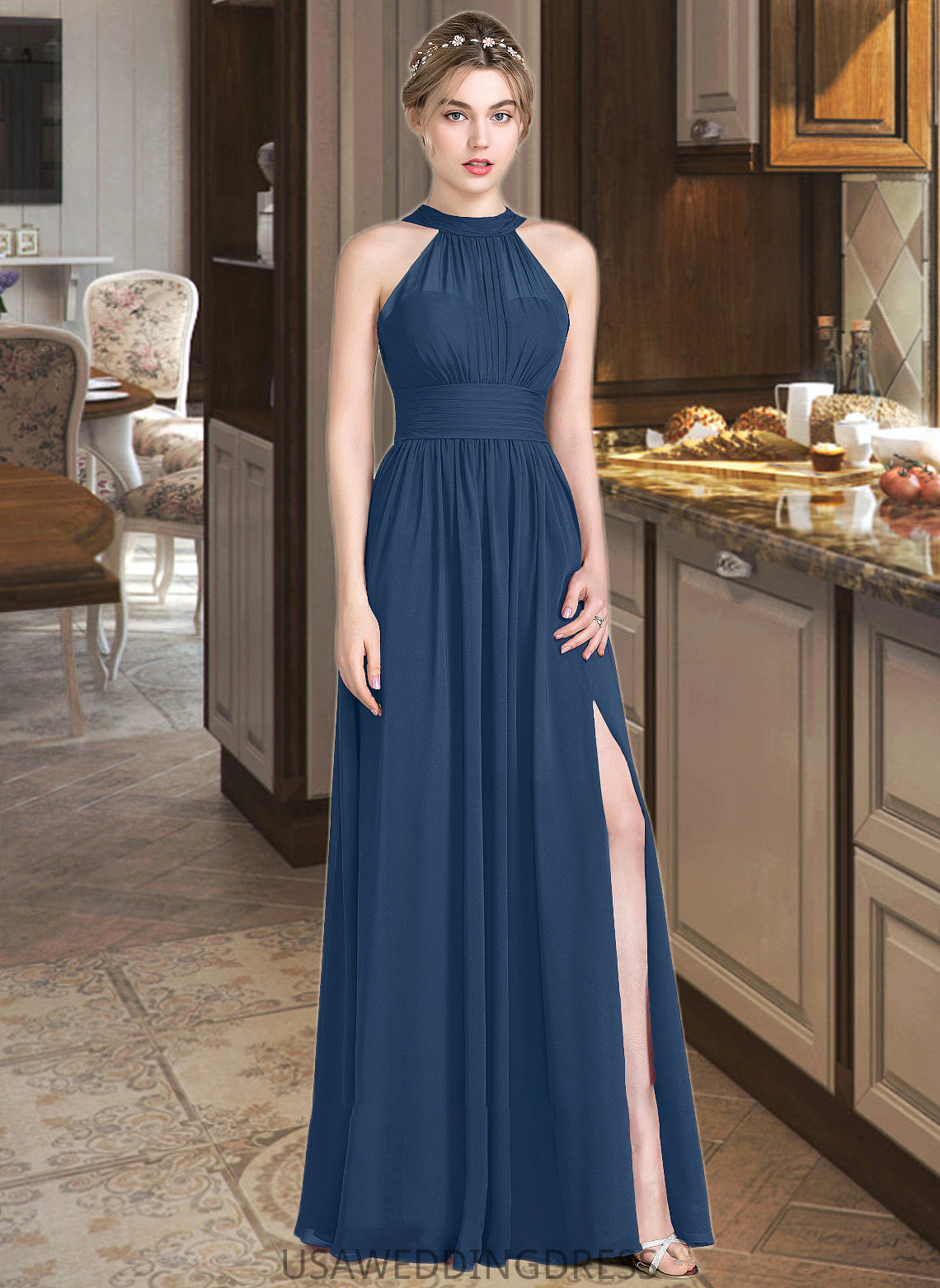 Miriam A-Line Scoop Neck Floor-Length Chiffon Bridesmaid Dress With Ruffle Bow(s) Split Front DSP0013058