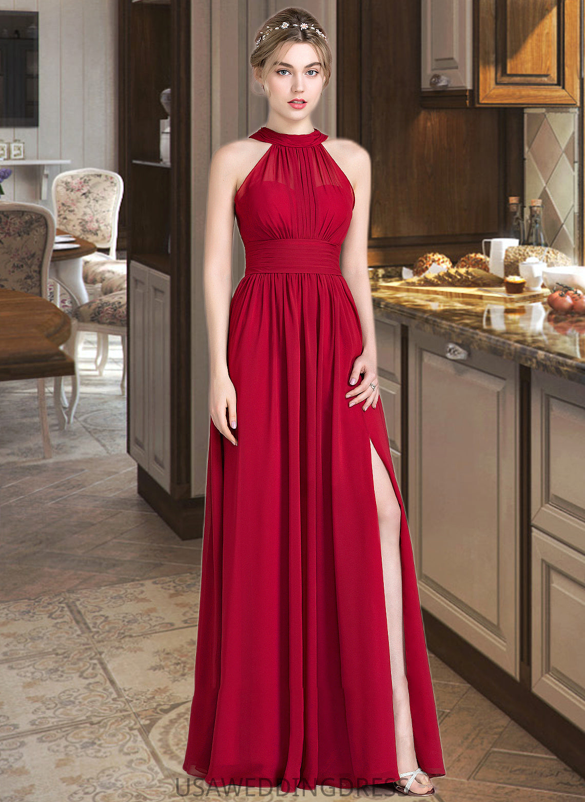 Miriam A-Line Scoop Neck Floor-Length Chiffon Bridesmaid Dress With Ruffle Bow(s) Split Front DSP0013058