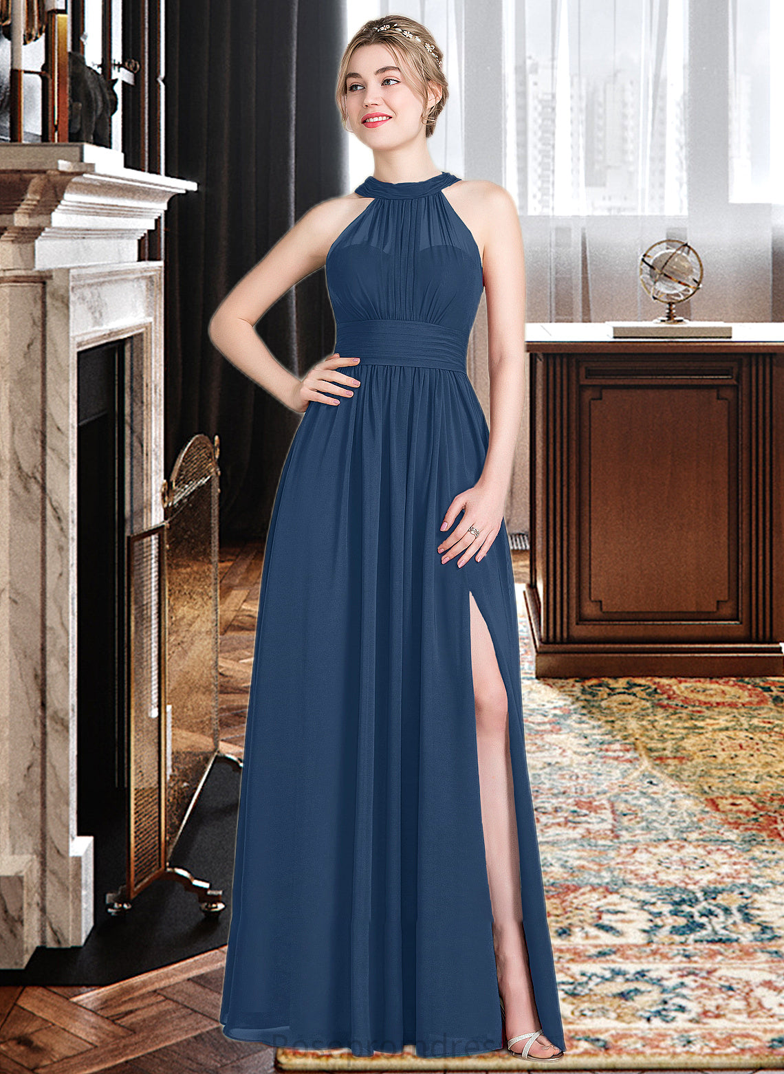 Macey A-Line Scoop Neck Floor-Length Chiffon Bridesmaid Dress With Ruffle Bow(s) Split Front SRSP0013058