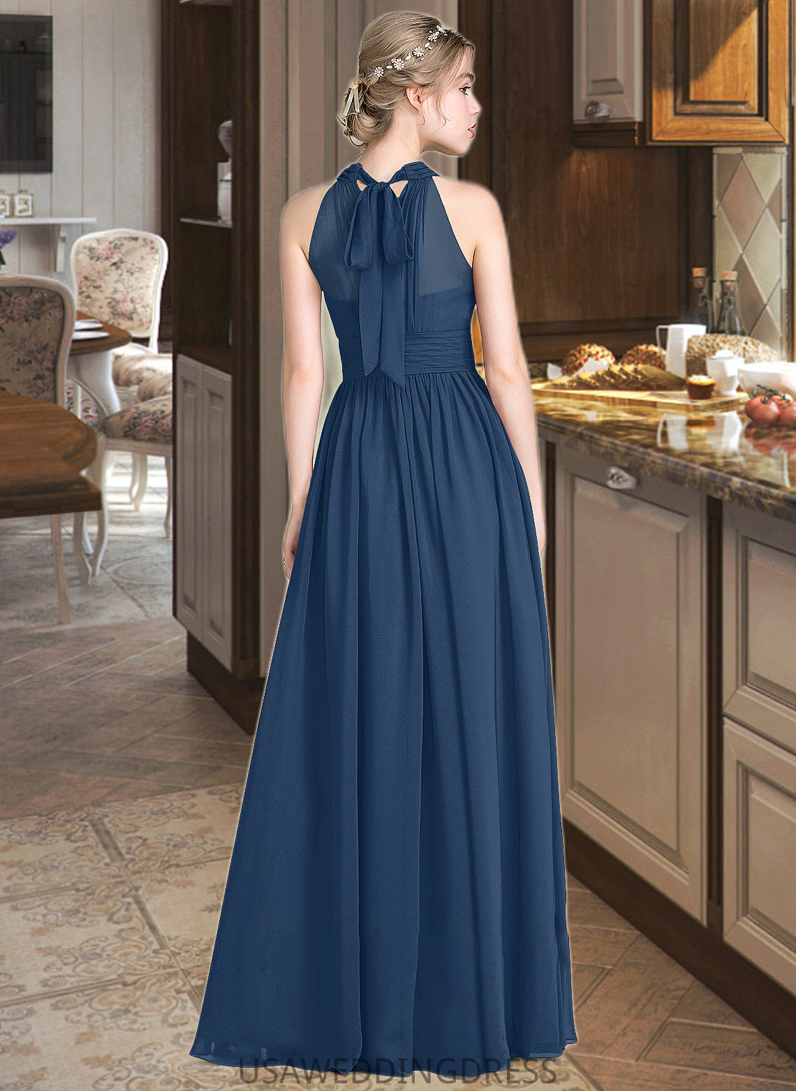 Miriam A-Line Scoop Neck Floor-Length Chiffon Bridesmaid Dress With Ruffle Bow(s) Split Front DSP0013058