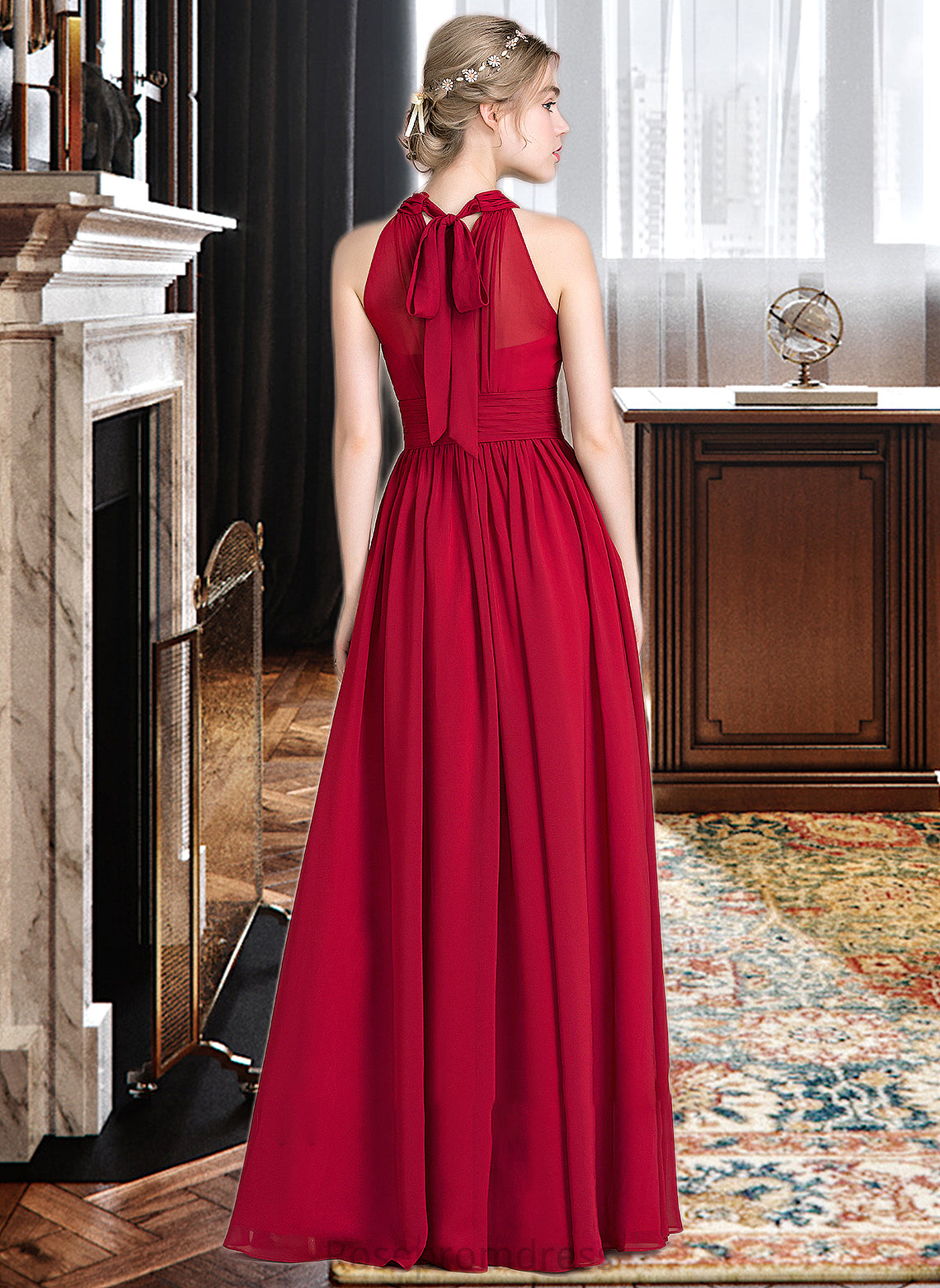 Macey A-Line Scoop Neck Floor-Length Chiffon Bridesmaid Dress With Ruffle Bow(s) Split Front SRSP0013058
