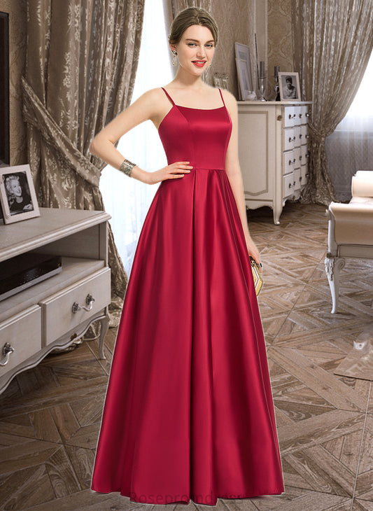 Minnie A-Line Square Neckline Floor-Length Satin Bridesmaid Dress SRSP0013060