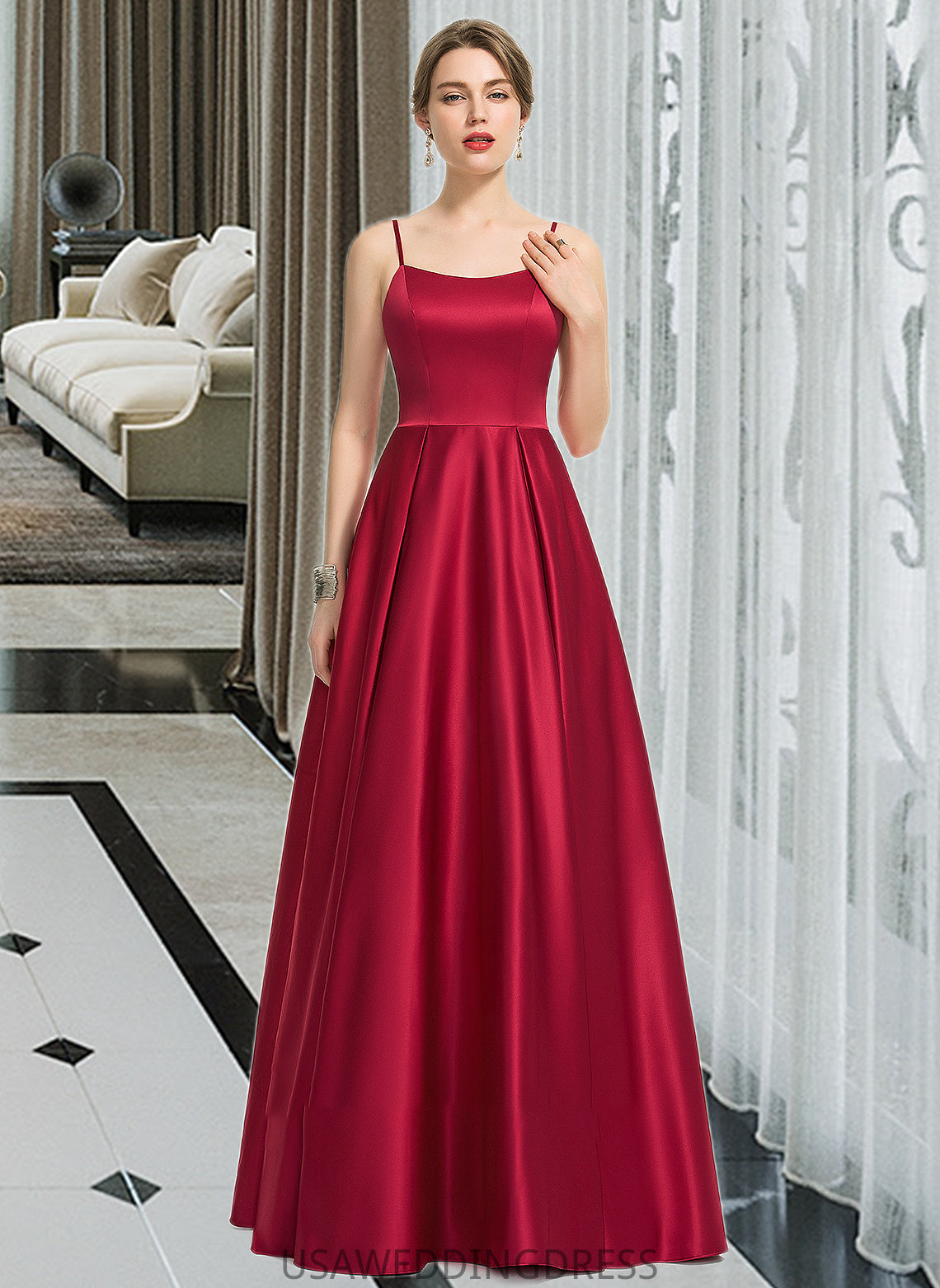 Rachael A-Line Square Neckline Floor-Length Satin Bridesmaid Dress DSP0013060