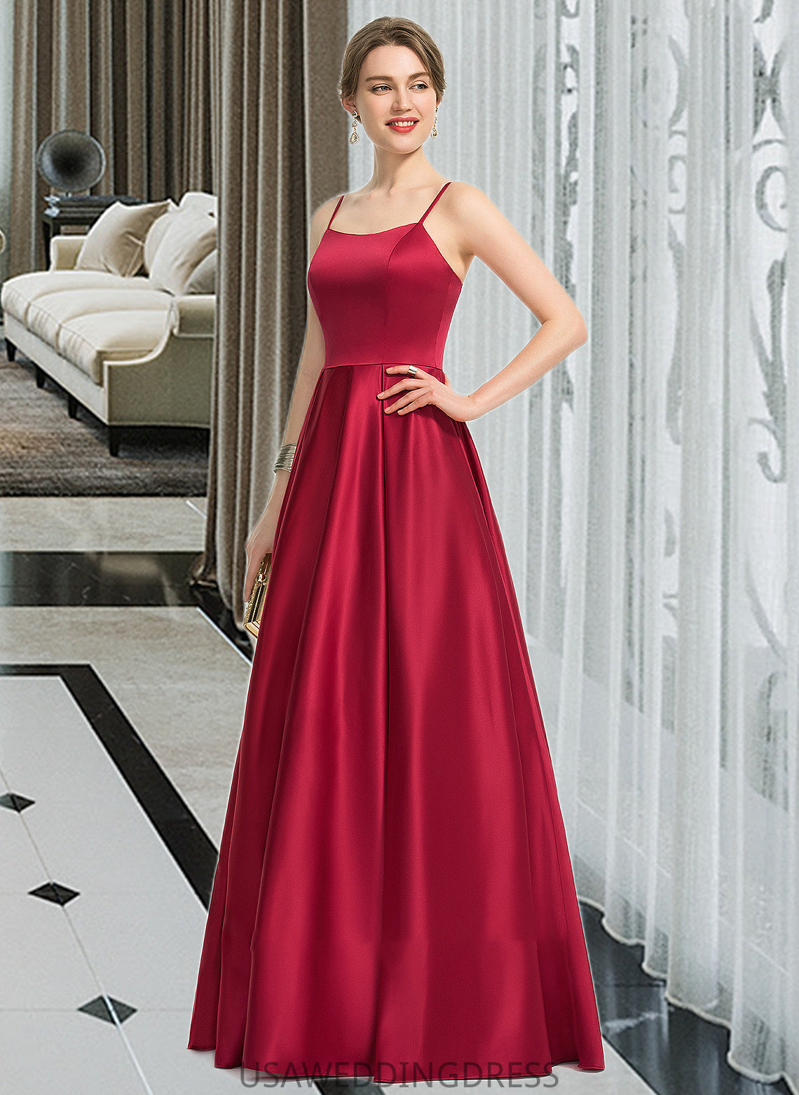 Rachael A-Line Square Neckline Floor-Length Satin Bridesmaid Dress DSP0013060