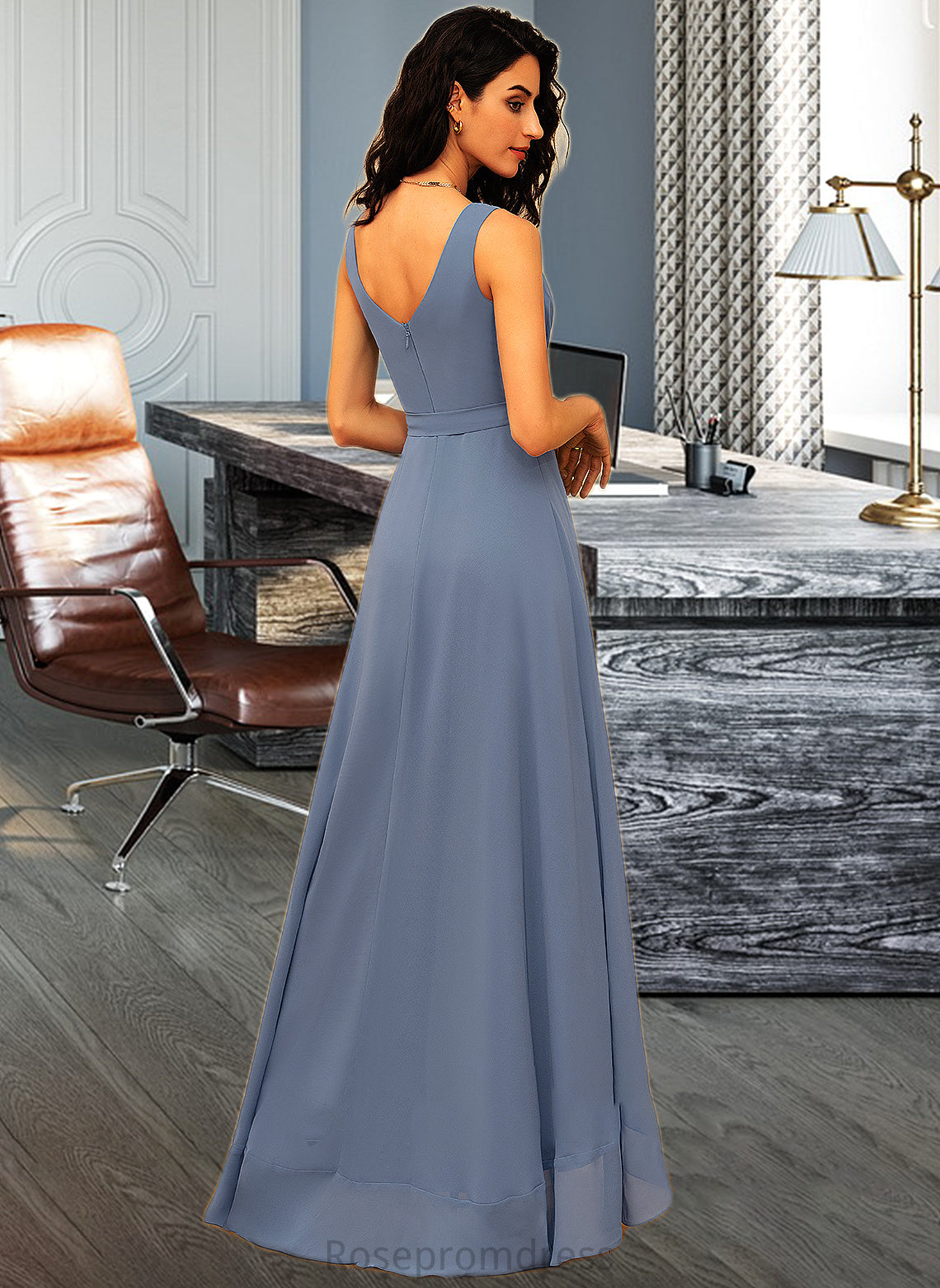 Carleigh A-LineV-neckAsymmetricalChiffonBridesmaidDressWithRuffleBow(s)#251387 SRSP0013061