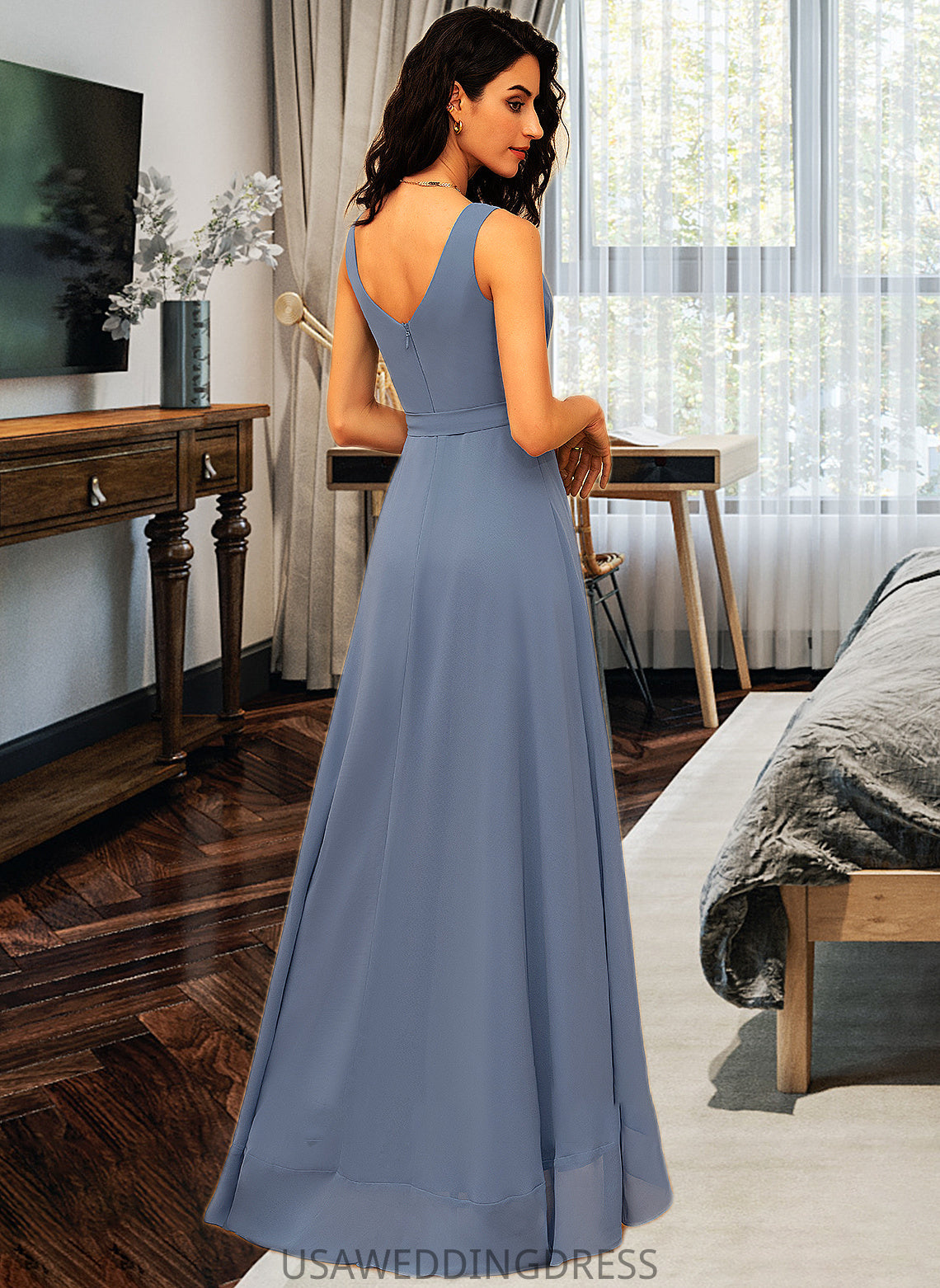 Annie A-LineV-neckAsymmetricalChiffonBridesmaidDressWithRuffleBow(s)#251387 DSP0013061