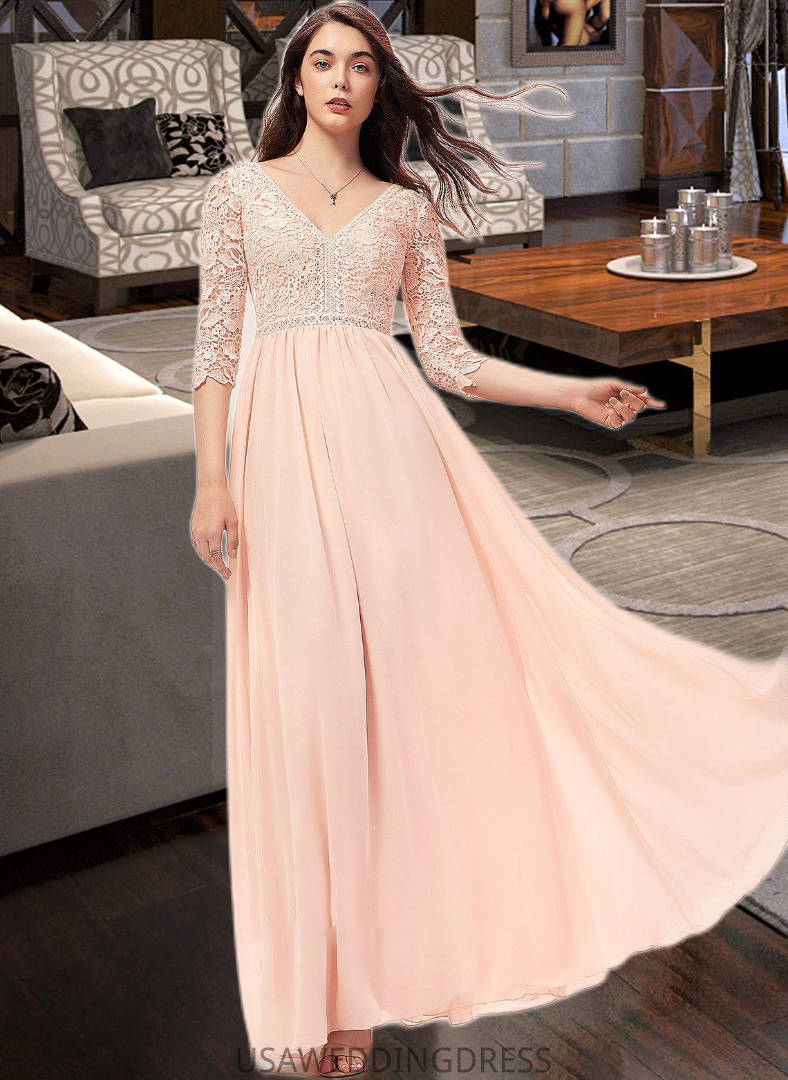 Moira A-line V-Neck Floor-Length Chiffon Lace Bridesmaid Dress DSP0013062