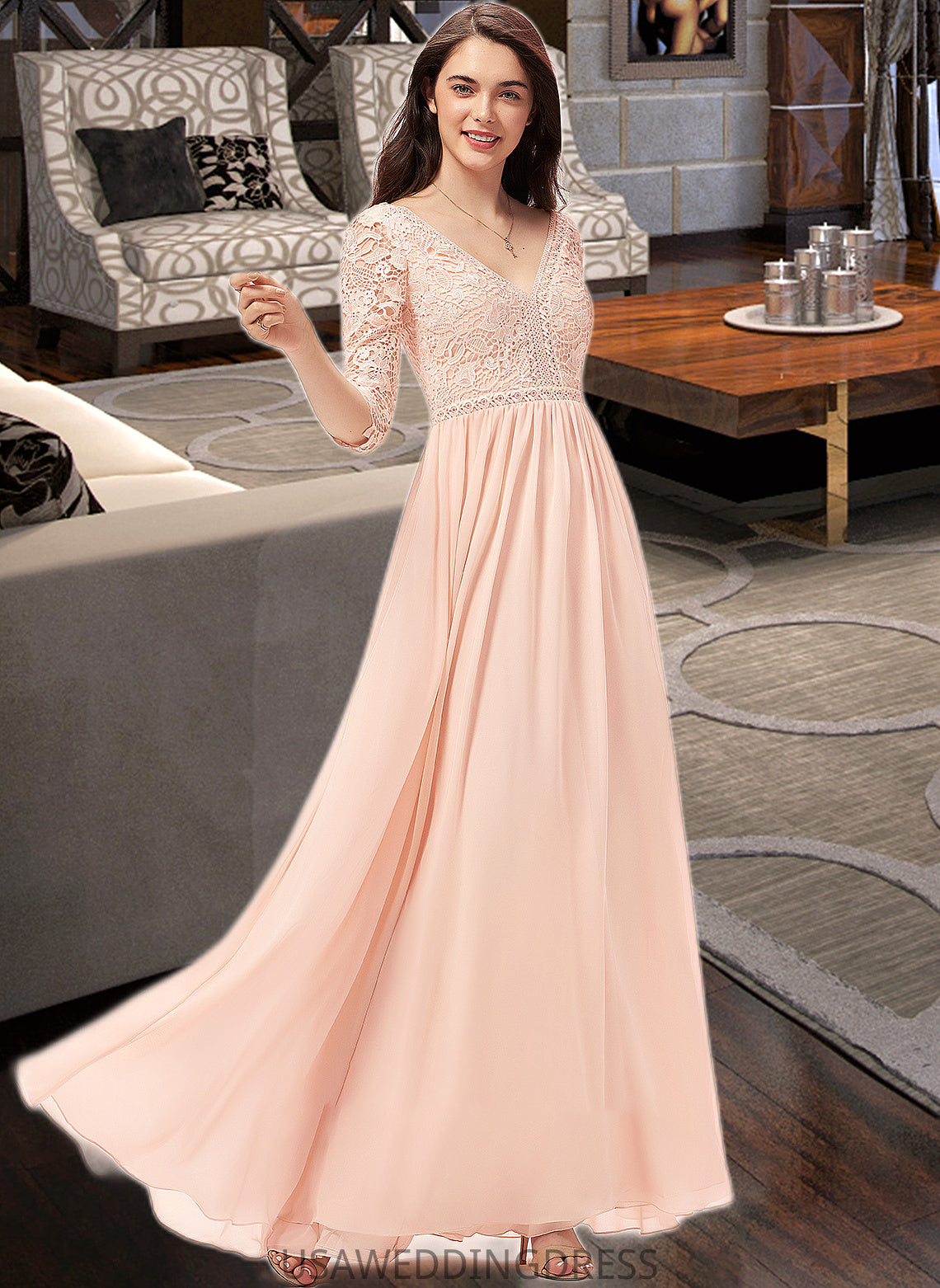 Moira A-line V-Neck Floor-Length Chiffon Lace Bridesmaid Dress DSP0013062